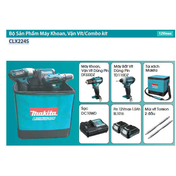 Combo máy khoan vặn vít Makita pin 12V CLX224S