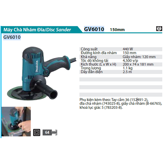 Máy chà nhám đĩa 150mm Makita GV6010