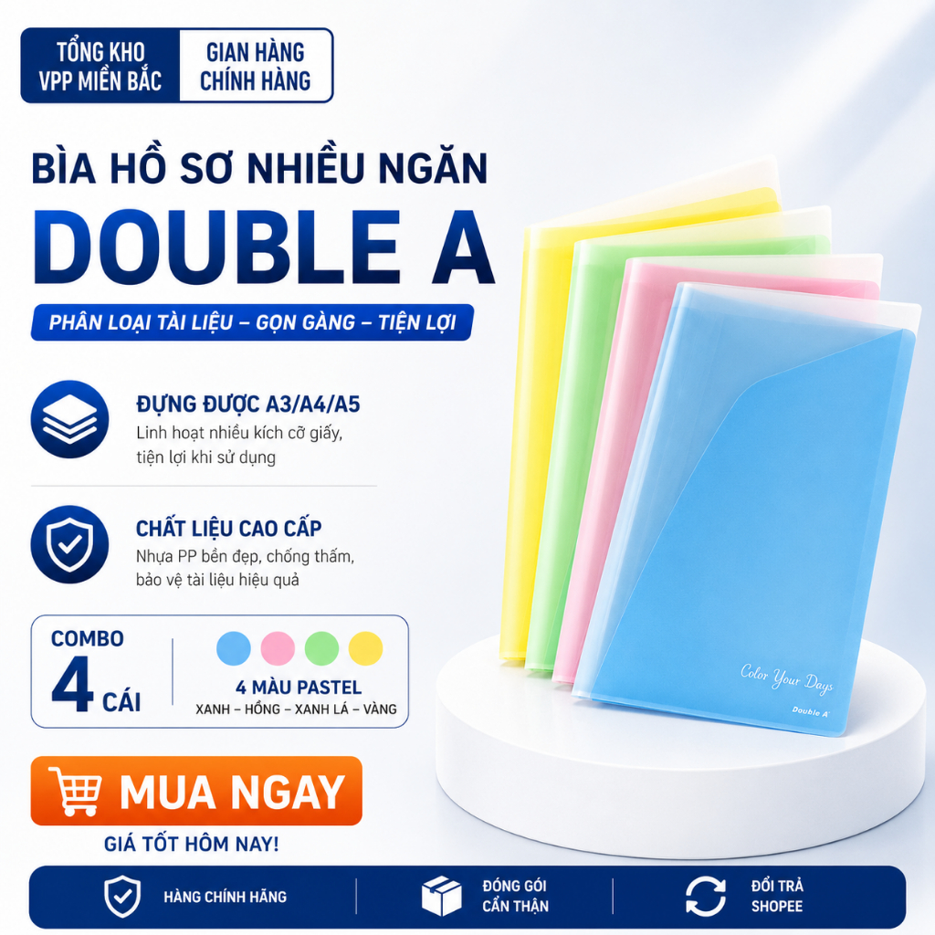Combo 4 Bìa hồ sơ Nhiều Ngăn Double A, Lưu được 200 tờ A4 - Lưu được tài liệu khổ A3 - A4 - A5