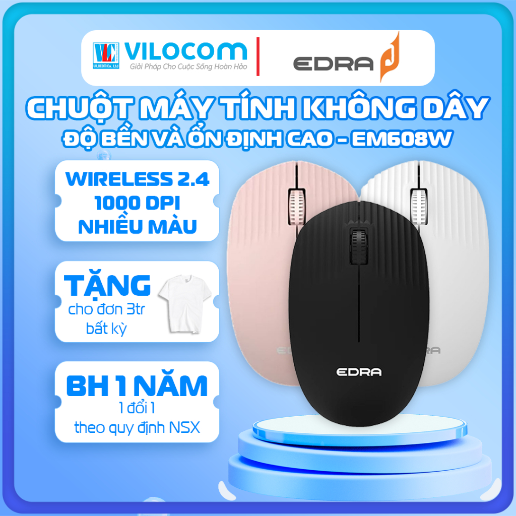 Chuột không dây văn phòng EDRA EM608W | Wireless 2.4Ghz, 1000 DPI, 47g, Hồng Đen Trắng