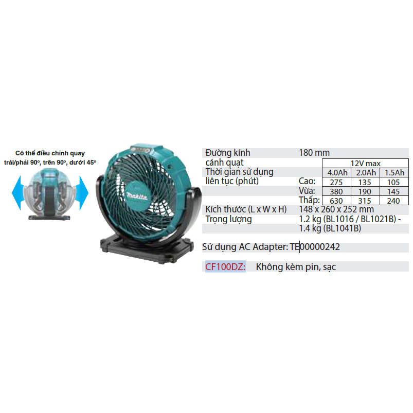 Quạt dùng pin và điện Makita 12V CF100DZ