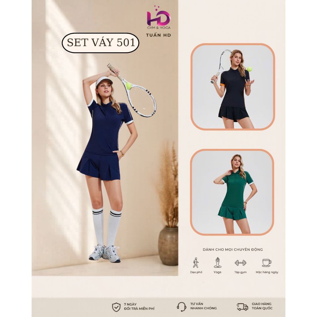 Set váy 501 Tuấn HD Chơi Thể Thao, Pickleball, Tenis, Tập Gym Co Giãn 4 Chiều, Thấm Hút Mồ Hôi