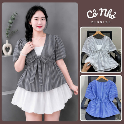 Áo Babydoll Bigsize Nữ Áo Kiểu Peplum Kẻ Sọc Phối Nơ Cổ Dễ Thương Tôn Dáng Cho Chubby A360