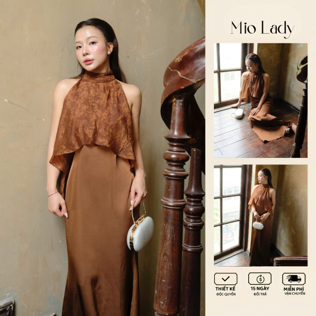 Váy lụa hàng châu cổ yếm tơ loang dáng đuôi cá, sang trọng, thanh lịch, tôn dáng - Mio Lady VA032