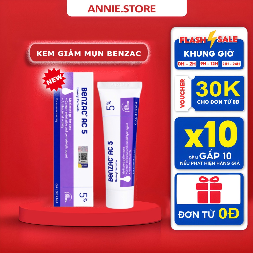 Giảm Mụn Benzac Ac 5 Benzoyl peroxide 5% PHÁP Gel Giảm Mụn Mờ Thâm Trứng Cá An Toàn Lành Tính 15g