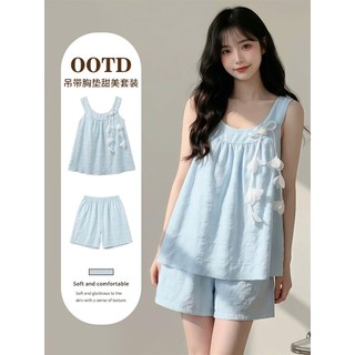 Bộ ngủ nữ hai dây sách nách kèm hoa thêu lụa đũi xốp form rộng dễ thương pijama mặc nhà thời trang hè 120
