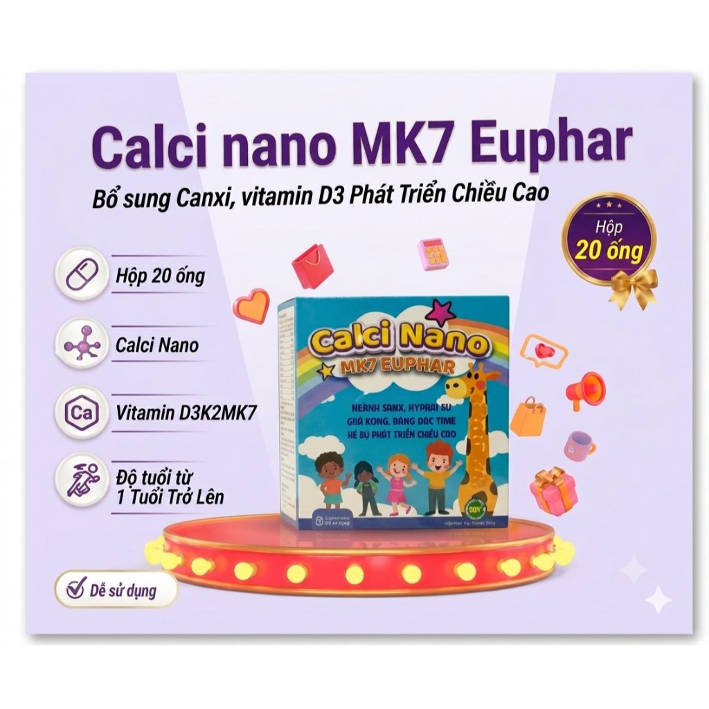 Thực phẩm Calci Nano Mk7 Euphar- Hộp 20 Ống