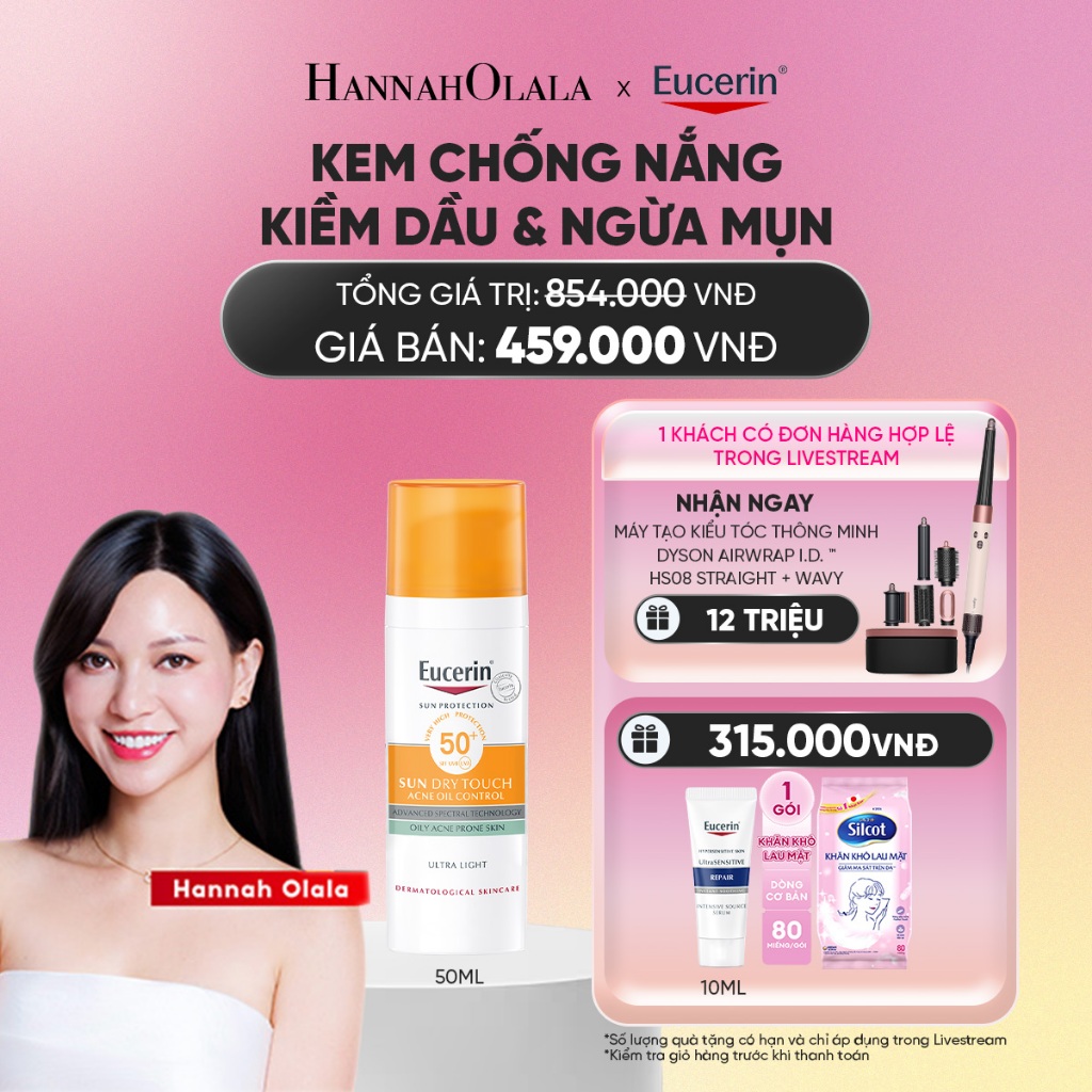 [Hannah x Eucerin]  Kem chống nắng kiềm dầu & ngừa mụn Eucerin Sun Dry Touch SPF50+ 50ml