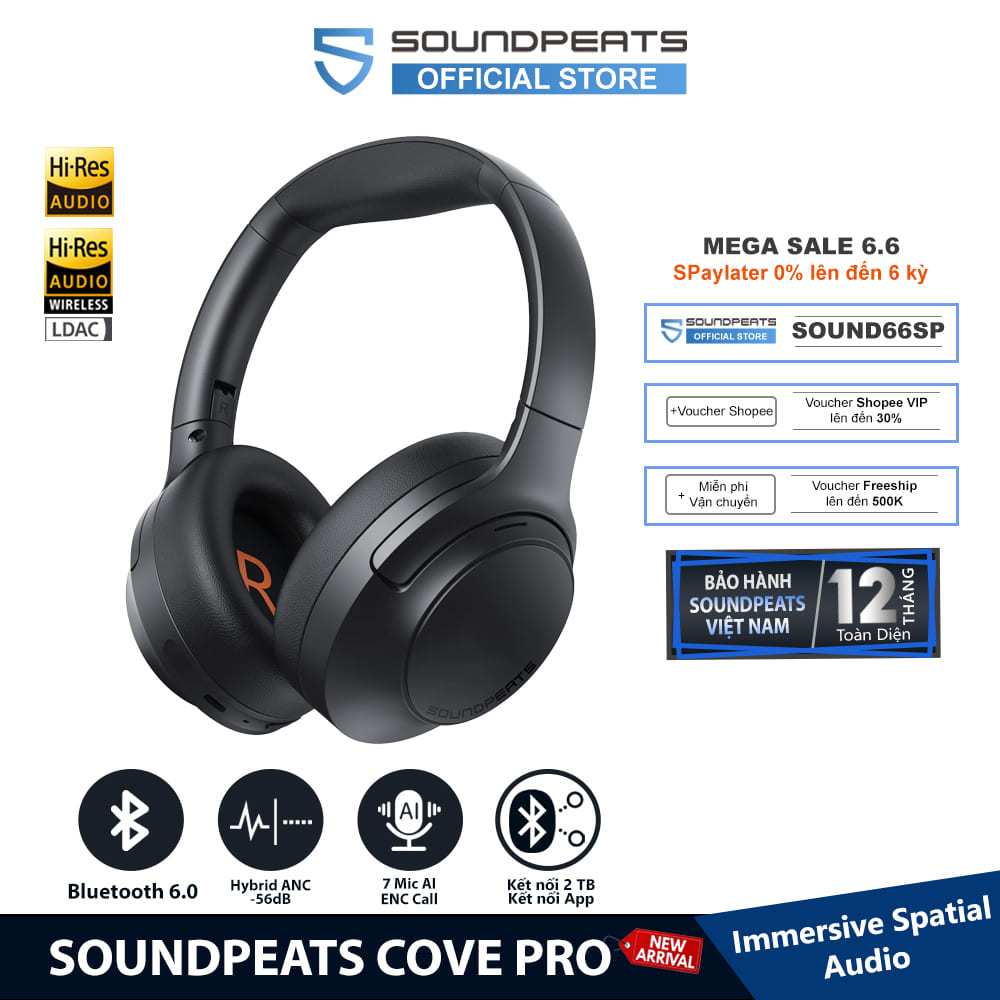 Tai Nghe Chụp Tai Bluetooth SoundPEATS Cove Pro HiresAudio | 7 Mic AI ENC | ANC 56dB | Bluetooth 6.0