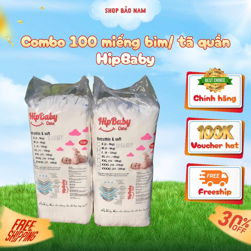 Combo 100 miếng  bỉm dán,bỉm quần Hipgig A -  HipBaBy Canre đủ size S/M/L/XL/2XL Thẩm hút cho bé luô