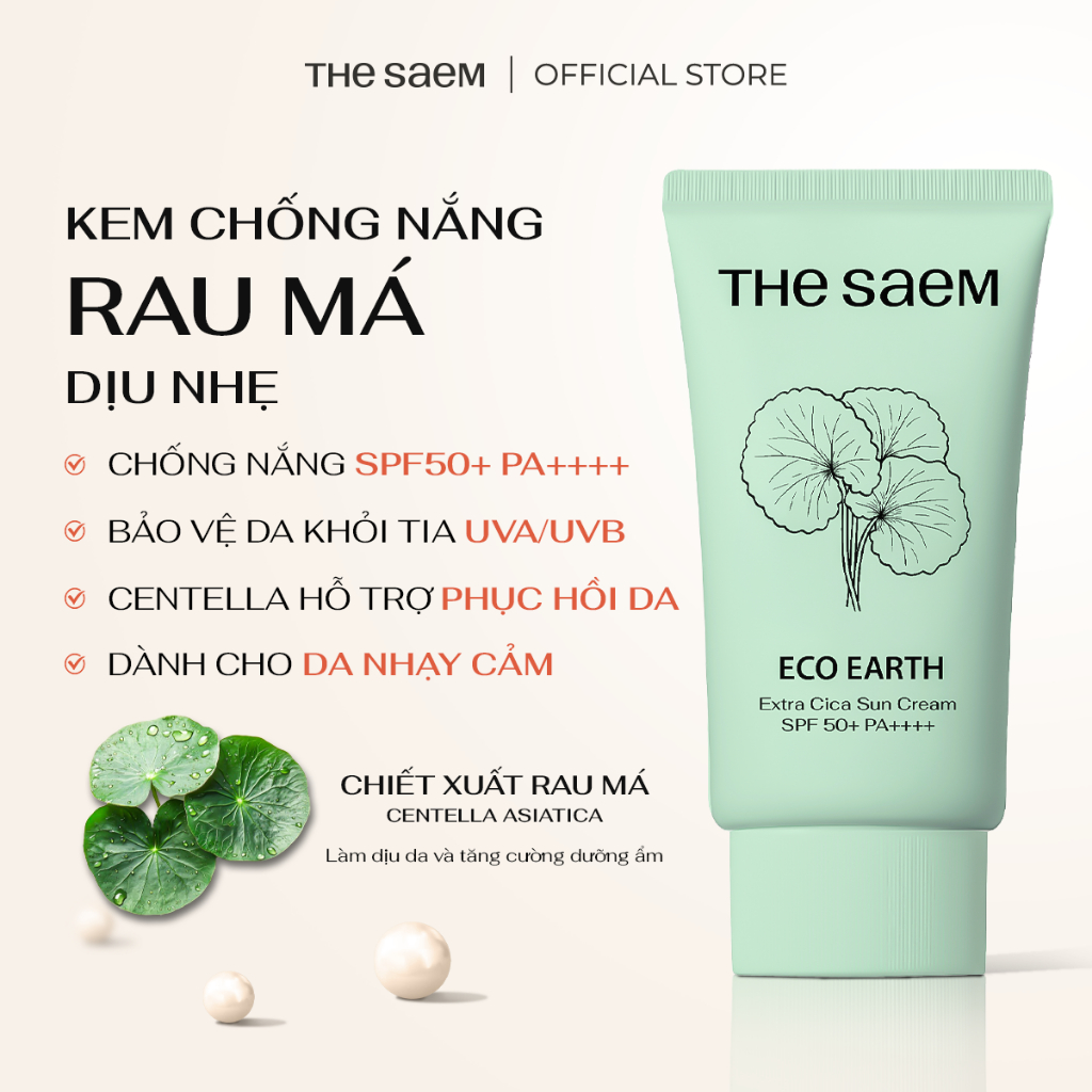 [DATE T6/27] Kem chống nắng chiết xuất rau má dịu nhẹ THE SAEM Eco Earth Extra Cica Sun Cream 50g