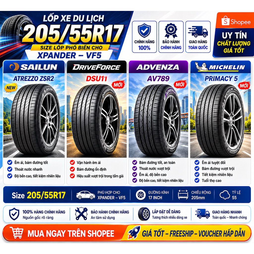 Lốp (vỏ) 205/55R17 - Nhiều Hãng_Lốp 205/55R17 dành cho xe Xpander, Vf5…