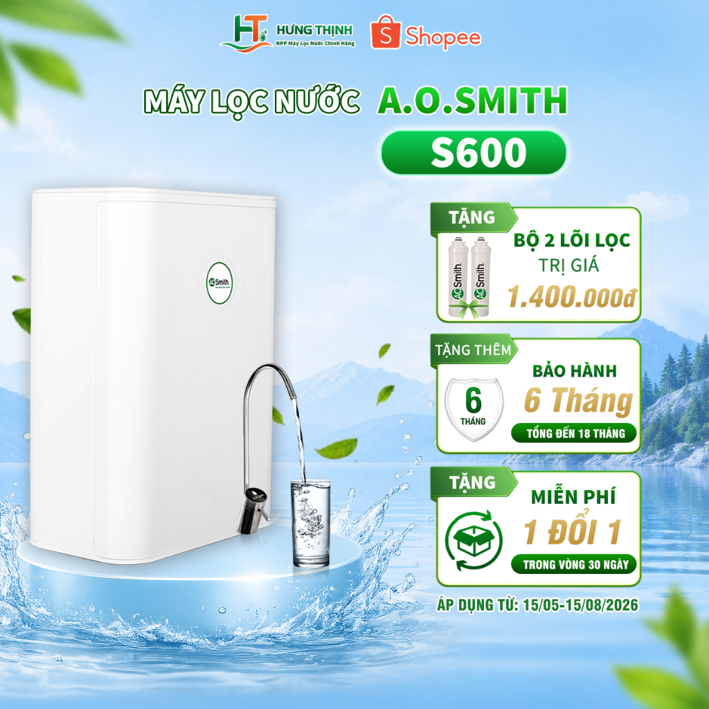 Máy lọc nước AOSmith S600 – Công suất lớn, lọc nhanh gấp 2 lần -- Vòi led sang trọng, hiện đại | Tổn