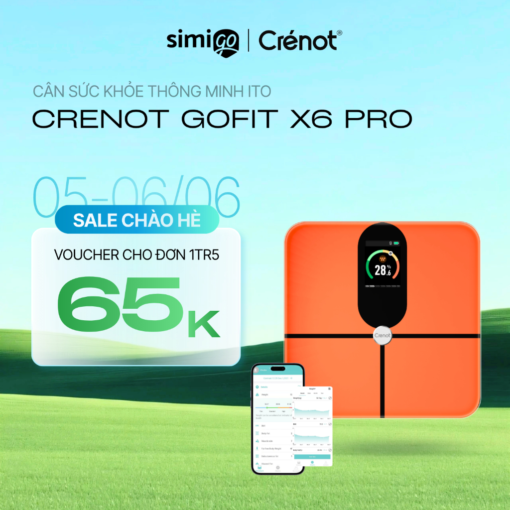 Cân điện tử sức khỏe thông minh Crenot Gofit X6 Pro cân đo 23 chỉ số cơ thể phân tích lượng mỡ cân y