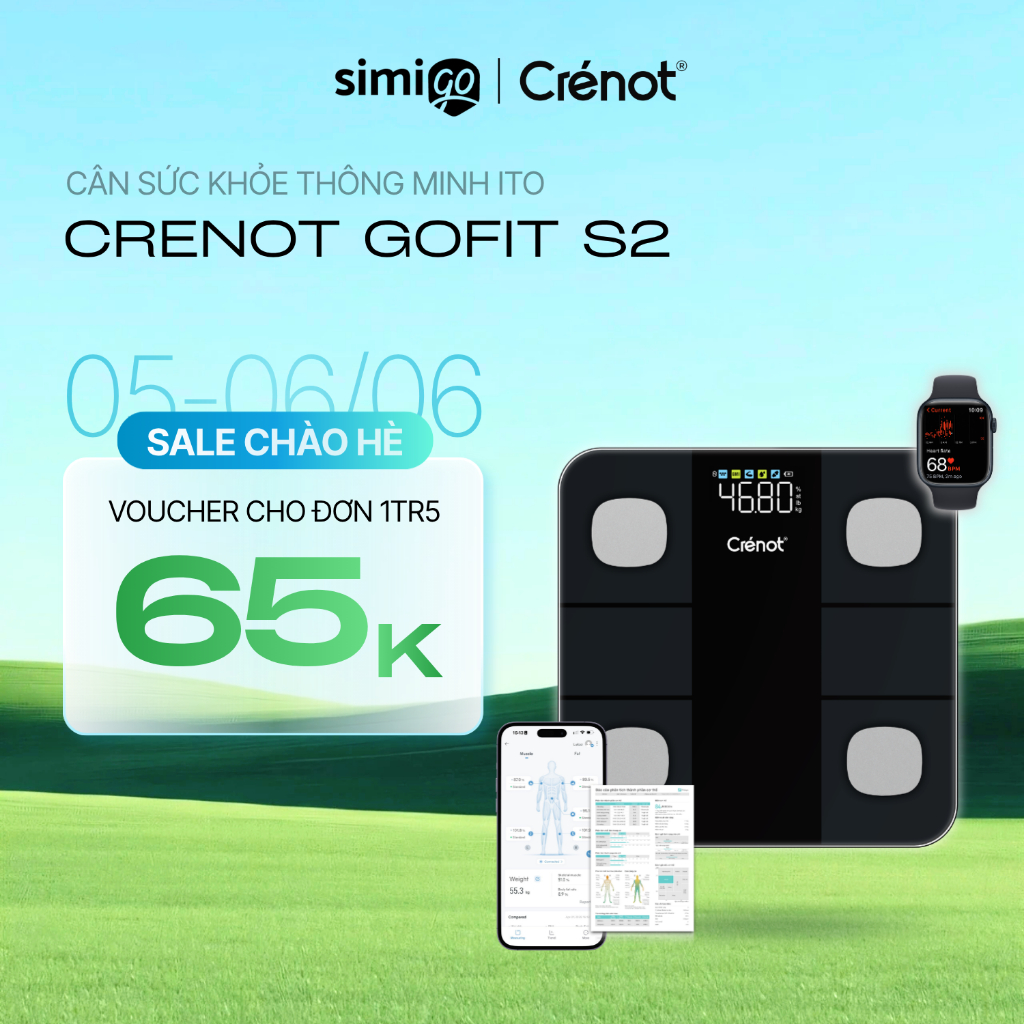 Cân điện tử sức khỏe thông minh Crenot Gofit S2 cân đo 20 chỉ số cơ thể phân tích lượng mỡ cân y tế 