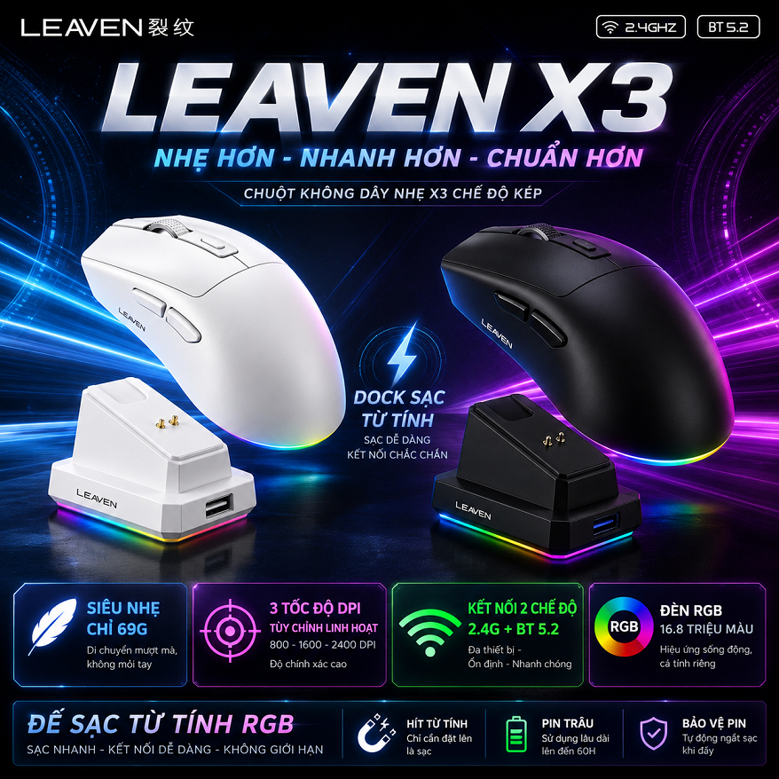 CHUỘT GAMING KHÔNG DÂY LEAVEN X3 DUAL MODE – NHẸ, NHANH, CHUẨN GAME THỦ