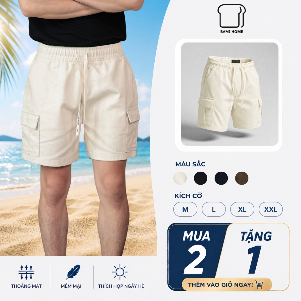 Quần short kaki nam LIAM BAMI HOME, quần kaki túi hộp, lưng chun co giãn, form trên gối QK17