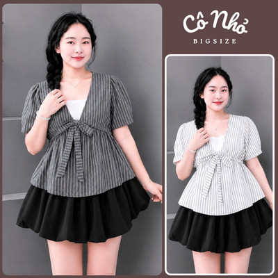 Set Áo Váy Bigsize Nữ Áo Babydoll Dáng Peplum Buộc Nơ Phối Chân Váy Bí Dễ Thương A360+CV413