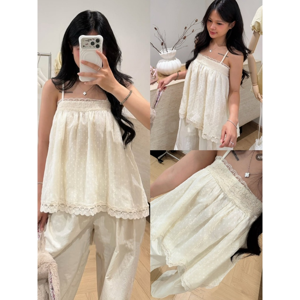(MÃ 1090) ÁO 2 DÂY BABYDOLL REN HẠT PHỐI VIỀN REN 2 LỚP MÀU KEM NHẸ NHÀNG - DÀNH CHO NỮ