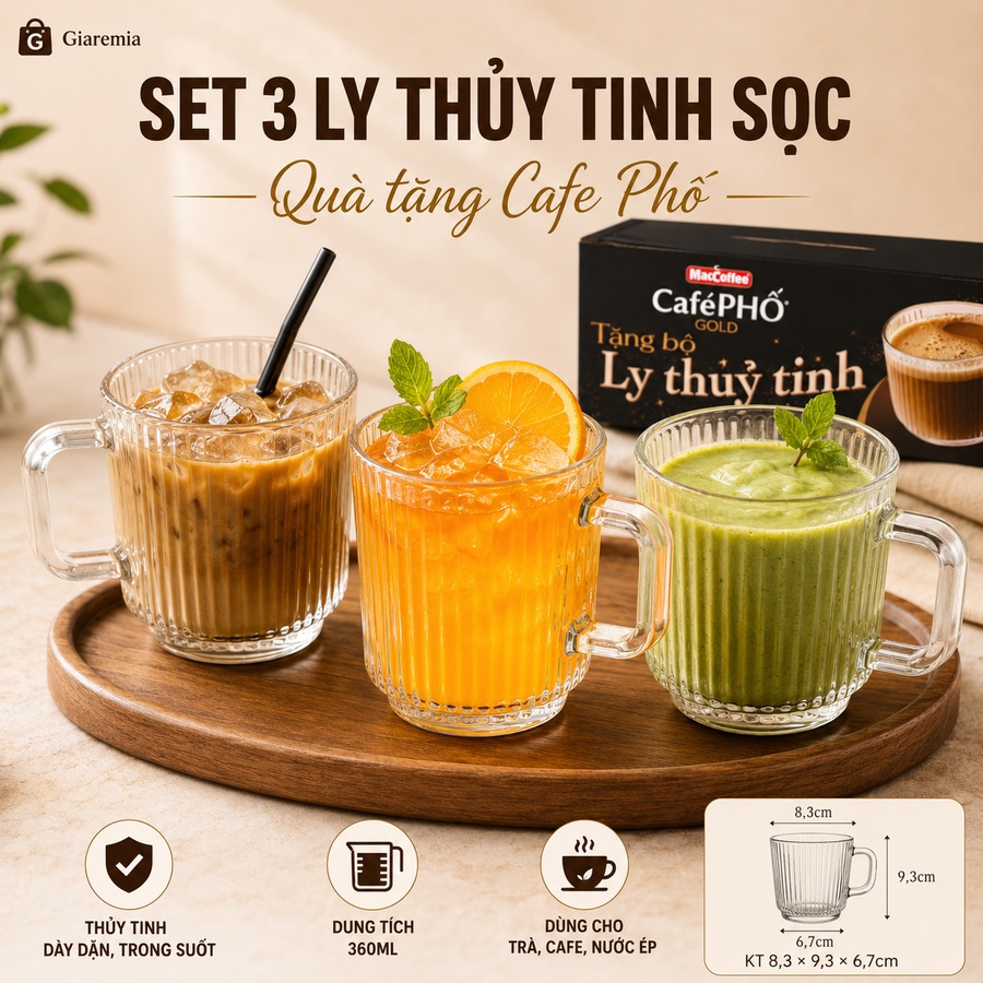 Set 3 ly thủy tinh sọc quà tặng Cafe Phố 360ml