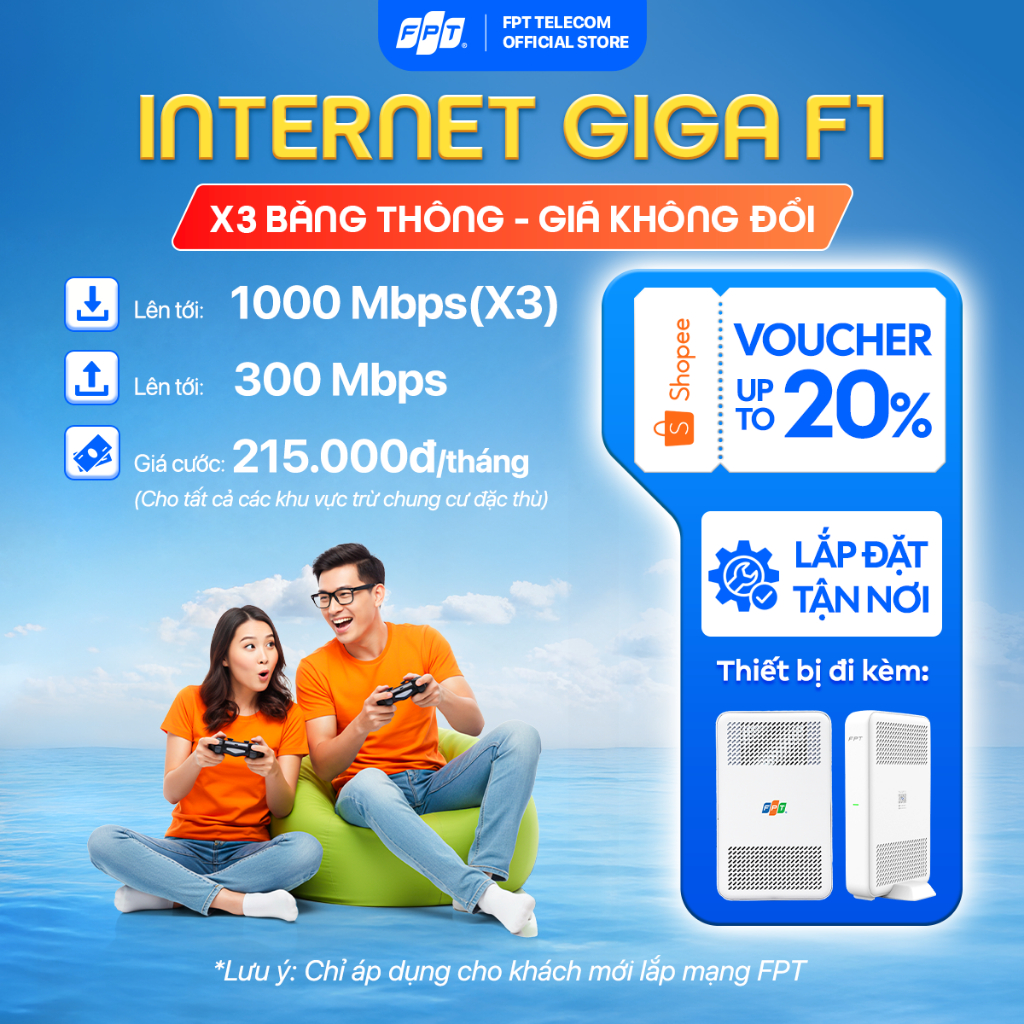 [GÓI 6T/12T] Gói Internet GIGA F1 | Sử dụng đến 8-12 thiết bị | Trang bị 01 Modem & 01 Access Point 