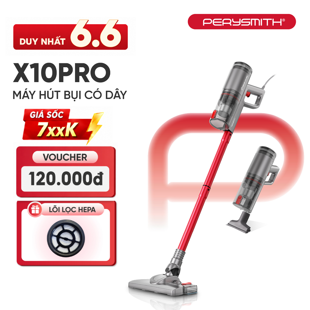 Máy Hút Bụi Có Dây PerySmith X10Pro Lực Hút Mạnh 21.000 Pa, Công Suất 600W, Gọn Nhẹ 1Kg