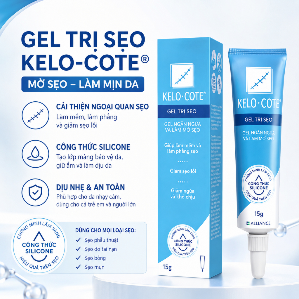 Kem gel silicone Kelo-Cote 15g cải thiện sẹo cũ lồi lõm, sẹo mụn, sẹo phẫu thuật, sẹo gắp muỗi dịu d