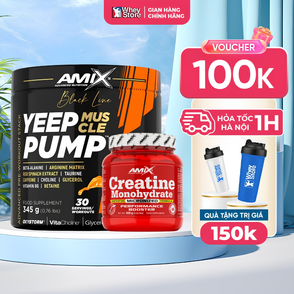Combo Tăng Sức Mạnh Cơ Bắp Pre Workout Amix Yeep Jump Pump Caff 30 servings + Amix Creatine Monohydr