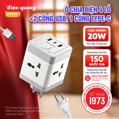 [Sạc nhanh 20W] Ổ Cắm Trụ Vuông Điện Quang Đa Năng Thông Minh 2500W 4 Lỗ 1 USB Và 2 TypeC Chống Giật, Bảo Hành 12Tháng
