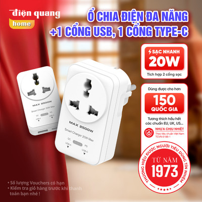 [Sạc nhanh 20W] Ổ Cắm Chia Điện Không Dây Mang Đi Du Lịch Điện Quang Kèm USB TypeC Sạc Nhanh Thích Hợp 150 Quốc Gia