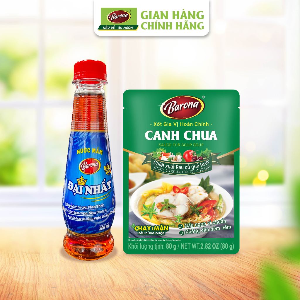Combo 1 Chai Nước Mắm Barona Đại Nhất 12 Độ Đạm - 200ml & 1 Gói Gia vị Canh Chua Chay Barona 80g