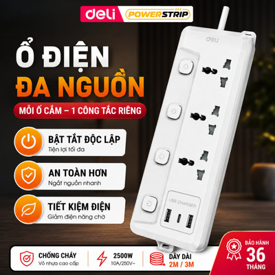 Ổ Cắm Điện DELI Nhiều Công Tắc Tích Hợp USB và TypeC Sạc Nhanh An toàn Chống Cháy 2026
