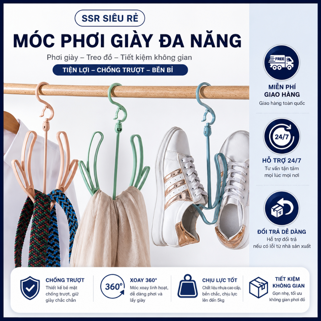 Móc Treo Phơi Giày Dép, Quần Áo Xoay 360 Độ/ Giá Treo Đồ Thông Minh (LA6) ssr