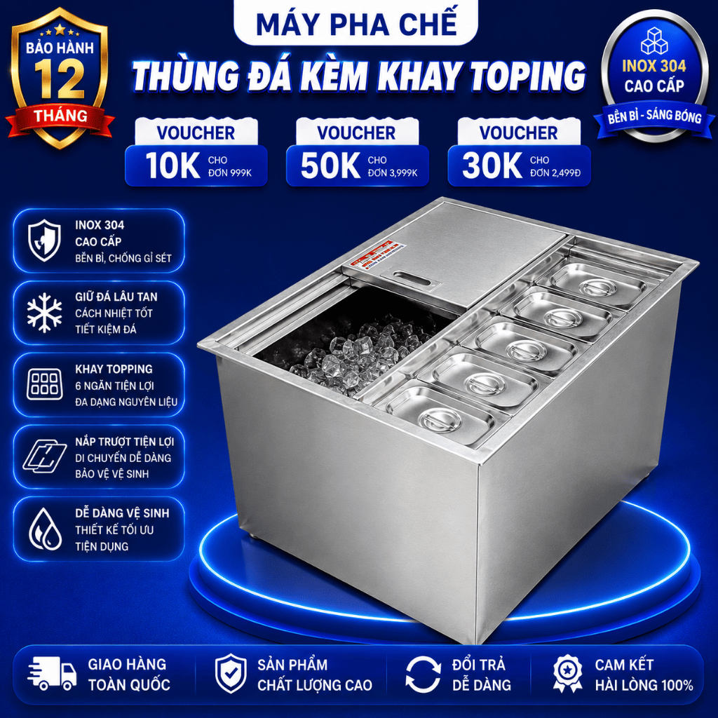 Thùng đá inox âm bàn, thùng đựng đá quầy bar inox kèm khay topping loại 1 thùng đựng đá quầy bar pha