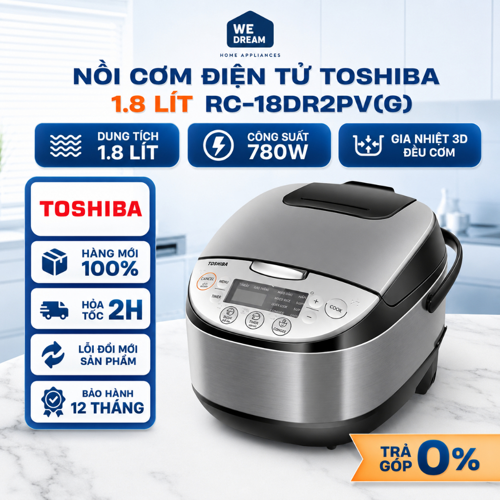 Nồi Cơm Điện Tử Toshiba RC-18DR2PV(K) 1.8L - Hàng Chính Hãng