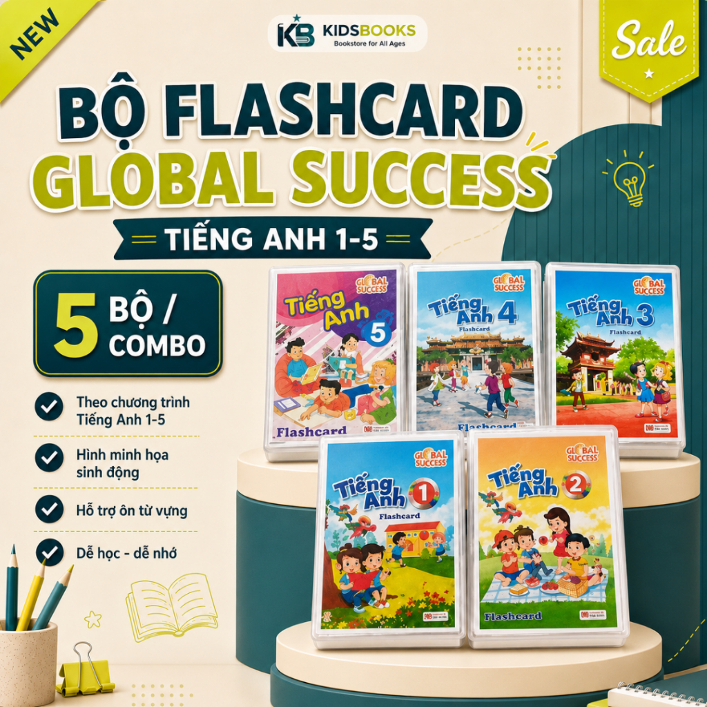 flashcard tiếng anh lớp 1,2,3 4 5 global success khổ a5 ép plastic 2 mặt