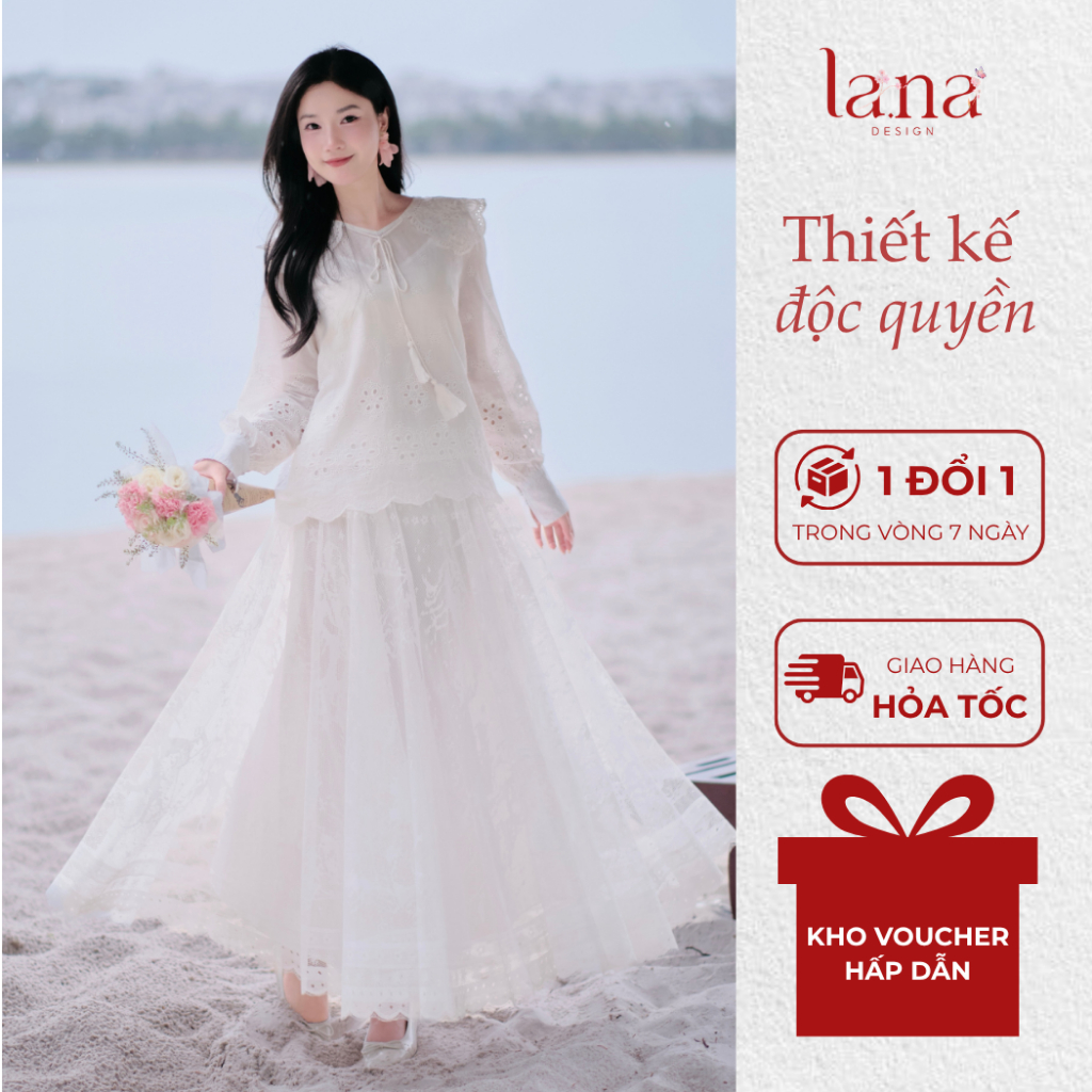 LANA DESIGN Set váy Anna thiết kế màu trắng váy thiết kế dài tay cotton cao cấp  thô thêu hoa  - SV1