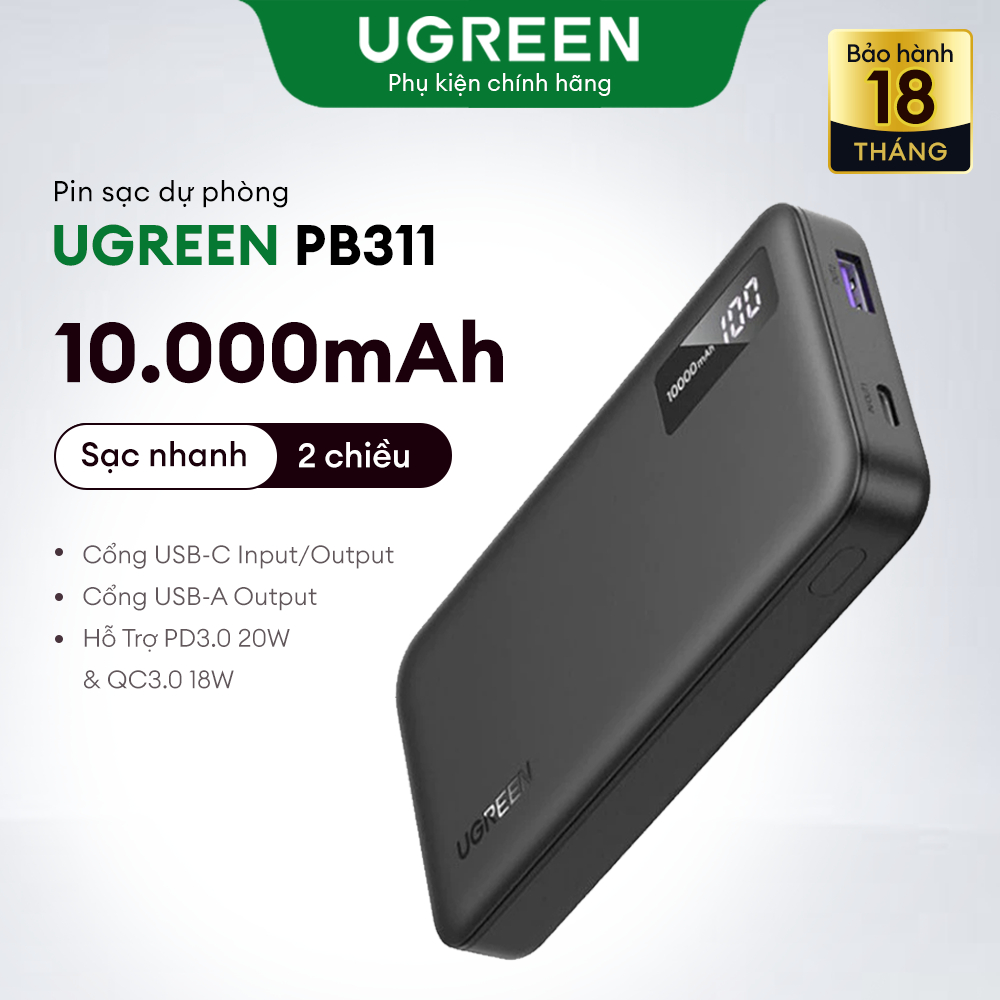 Sạc dự phòng Ugreen 10000mAh Slim sạc nhanh 2 chiều, PD 20W, PD 3.0, LED hiển thị, PB311 ( 25742 ) -