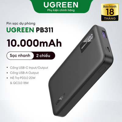Sạc dự phòng Ugreen 10000mAh Slim sạc nhanh 2 chiều, PD 20W, PD 3.0, LED hiển thị, PB311 ( 25742 ) - Chính Hãng