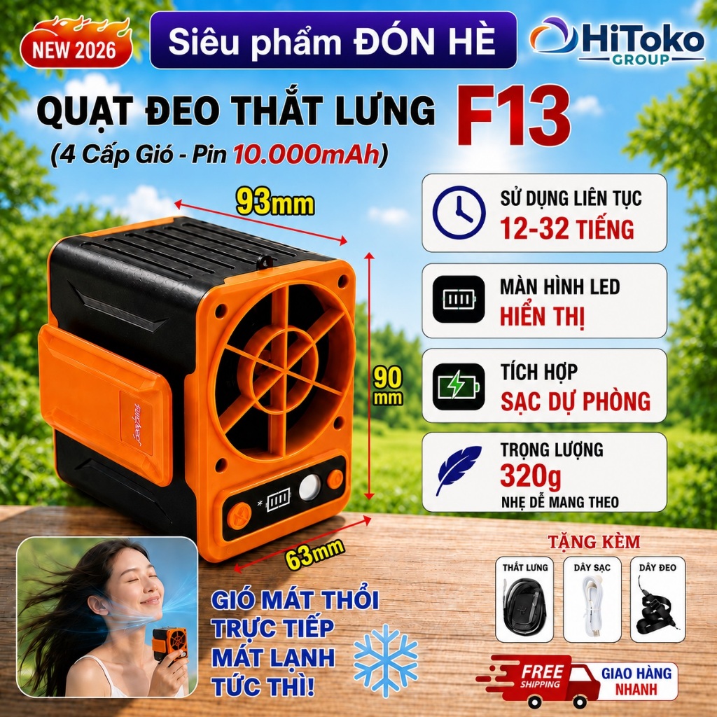 Quạt Kẹp Thắt Lưng Siêu Mát 4 Cấp Độ, Quạt Đeo Thắt Lưng F13 Pin 10000mAh, Quạt Đeo Hông Kiêm Sạc Dự Phòng Tiện Lợi
