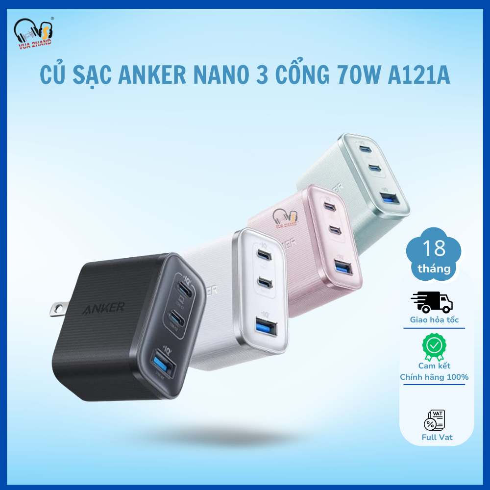 Sạc Anker Nano 3 cổng 2C1 70W A121A chính hãng