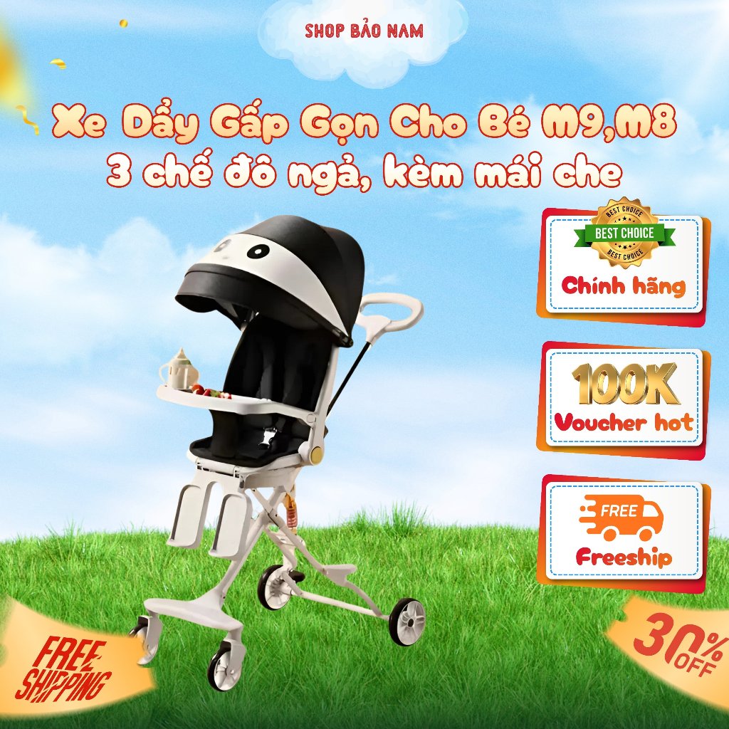 Xe Đẩy Cho Bé M9,M8 Kho Đồ Chơi Bảo Nam - Xe Đẩy Gấp Gọn 3 Chế Độ Ngả Cho Bé  Kèm Đệm Mái Che