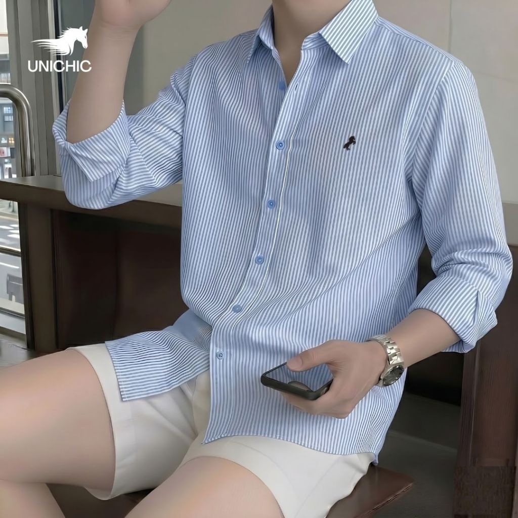 Áo Sơ Mi Tay Dài Sọc Màu Xanh Dương Vải Premium Oxford Shirt Logo Ngựa Thêu Unichic SMMDTC666
