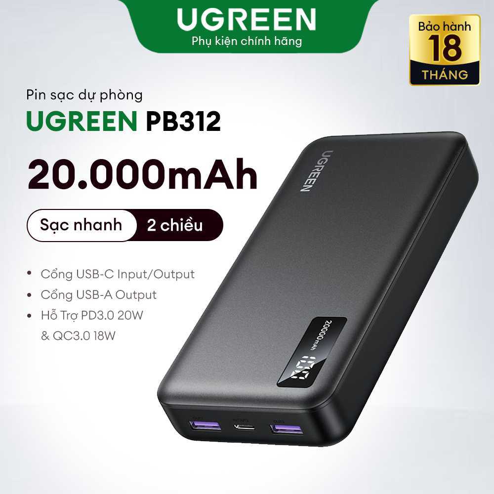 Sạc dự phòng UGREEN 20000mAh sạc nhanh hai chiều | PD20W | 3 cổng PD 3.0 | Chính Hãng PB312 (25683)