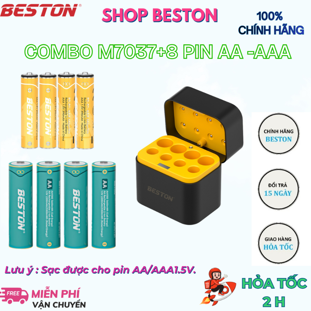 Combo sạc M7037+ 8 pin AA/AAA  2500mWh và 1300mWh,dùng cho misro karaoke,đồ chơi.đồng hồ,tivi.