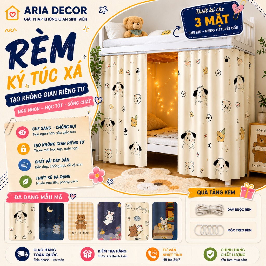 [Sẵn hàng - Quà] Rèm giường tầng ktx sinh viên 1 lớp ARIA DECOR, rèm KTX che ánh sáng, chống muỗi