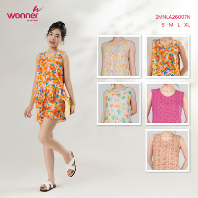Bộ mặc nhà Wonner by WINNY tole lanh, Set bộ nữ tôn lanh nhẹ mát quần đùi không tay 2MNLA26007N