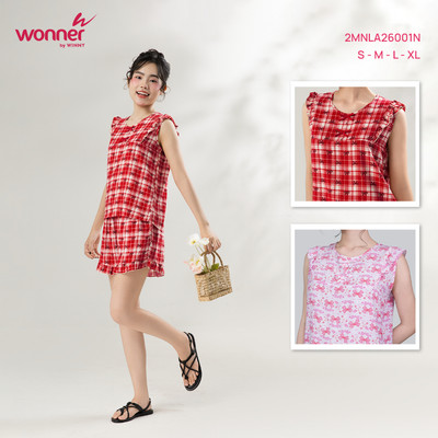 Bộ mặc nhà Wonner by WINNY tole lanh, Set bộ nữ tôn lanh nhẹ mát xuân hè quần ngắn không tay họa tiết caro 2MNLA26001N