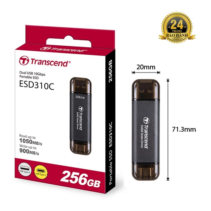 Ổ cứng di động SSD 256GB cho điện thoại / máy tính Transcend ESD310 đọc 1050MB/s ghi 990MB/s - 2 đầu