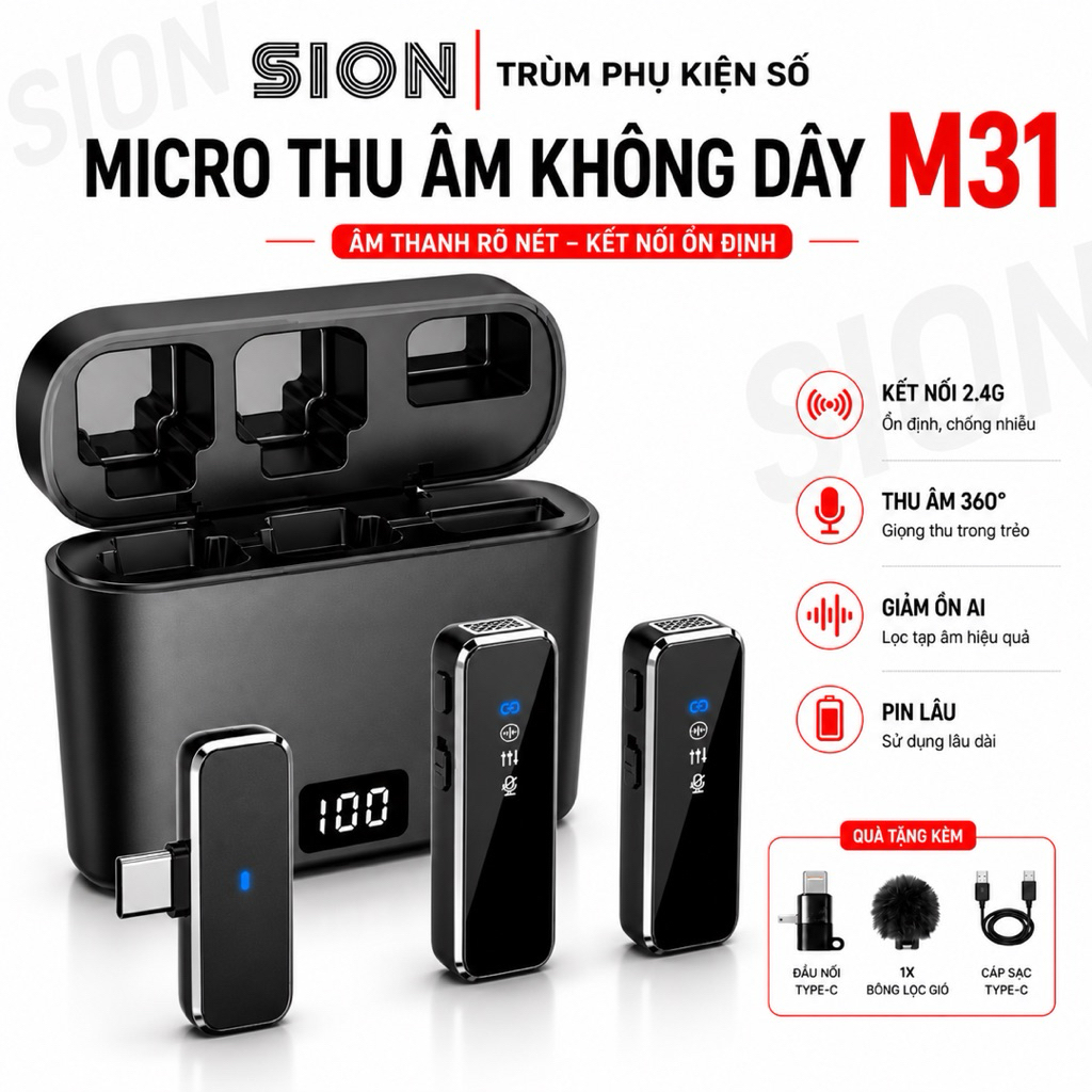 Mic Thu Âm Không Dây M31 2 Mic Chống ồn AI, Mic Cài Áo - Mic Livestream, Quay Video, Vlog, Cho Điện 